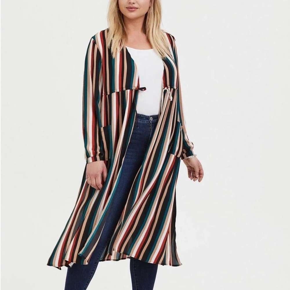 Torrid Womens Plus L Striped Duster Kimono Long Sleeve Tie Waist‎ Multi-Color